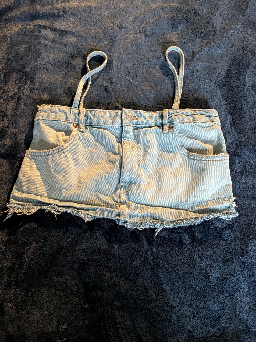 Zara Small Light Wash Frayed Raw Hem Denim Mini Skirt Design Crop Tank Top NWT